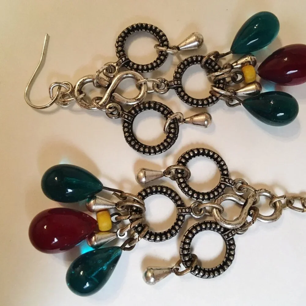Teardrop Earrings Teal Red Beaded Drops Textured Silver Tone Metal Rings Dangle
